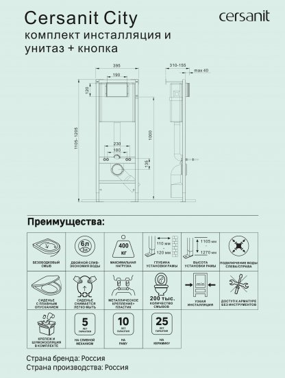 Комплект инсталляция с унитазом Cersanit City Vector с кнопкой Blick, безободковый, с микролифтом, цвет белый