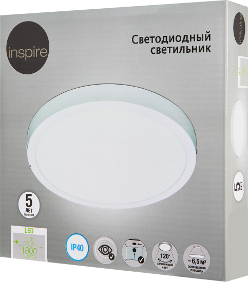 Светильник настенно-потолочный светодиодный Inspire НПС 20 Вт IP40 круг нейтральный белый свет цвет белый