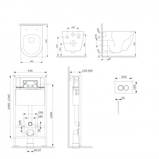 Комплект инсталляция с унитазом AM.PM Struktura Pulse Flash Clean с клавишей, безободковый, с микролифтом, цвет серый