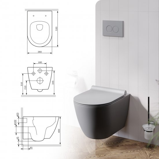 Комплект инсталляция с унитазом AM.PM Struktura Pulse Flash Clean с клавишей, безободковый, с микролифтом, цвет серый