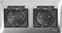 Розетка двойная встраиваемая влагозащищенная Systeme Electric Glossa с заземлением со шторками IP44 в сборе цвет алюминий