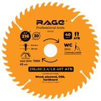 Диск пильный по дереву Rage 40Т 216x30x2.4 мм, кольца 25.4/20/16