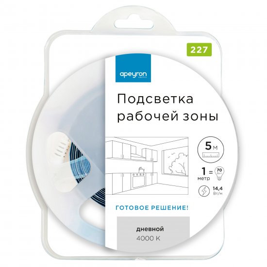 Комплект светодиодной ленты Apeyron SMD5050 12В 10 мм 5м 14.4 Вт/м 60диод/м 700 лм/м 4000 К нейтральный белый свет