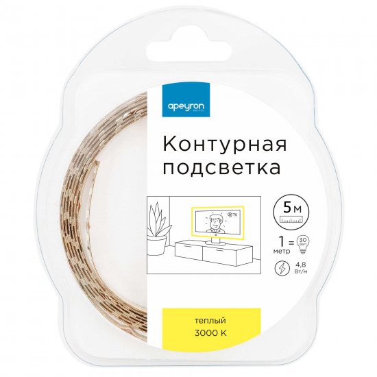 Комплект светодиодной ленты Apeyron SMD3528 12В 8 мм 3м 4.8 Вт/м 60диод/м 280 лм/м 4000 К нейтральный белый свет