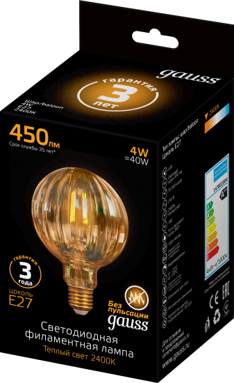 Лампа светодиодная Gauss Filament Balloon E27 4 Вт 380 Лм свет тёплый белый