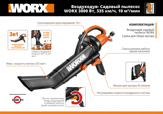 Пылесос-воздуходувка садовый электрический WP506E 3000 Вт