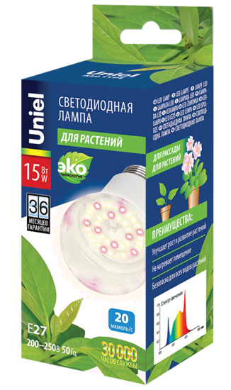 Фитолампа светодиодная для растений Uniel Е27 220 В 15 Вт полноспектральный нейтральный белый свет