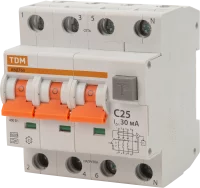 Дифференциальный автомат Tdm Electric АВДТ-63 3P N C25 A 30 мА 6 кА AС SQ0202-0018