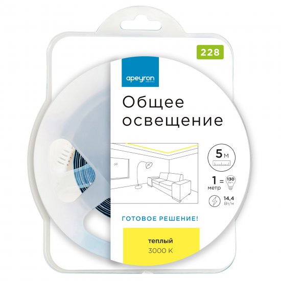 Комплект светодиодной ленты Apeyron SMD2835 12В 10 мм 5м 14.4 Вт/м 120диод/м 1300 лм/м 3000 К теплый белый свет