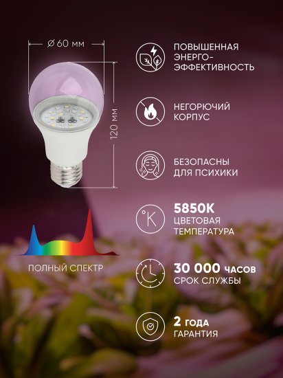 Фитолампа светодиодная для растений Эра 11 Вт E27 груша полноспектральный свет теплый белый