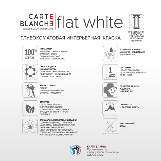 Краска для потолка Carte Blanche Flat White база А белая 0,9 л