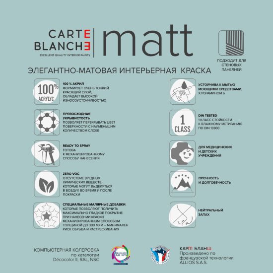 Краска моющаяся Carte Blanche Matt база C бесцветная 0,9 л