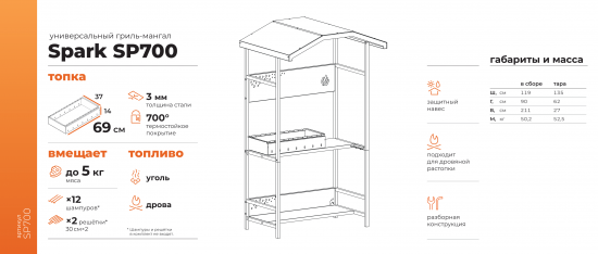 Мангал Gratar Spark SP700 3 мм 211.5x119.55x90 см
