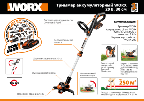 Триммер аккумуляторный Worx WP165E 20 В 1x2 Ач АКБ и ЗУ входит в комплект