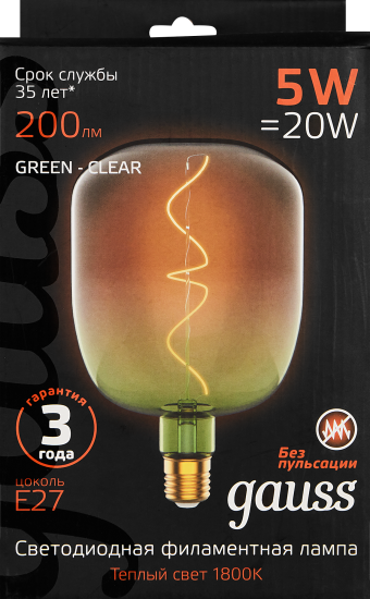 Лампа светодиодная Gauss Filament V140 E27 265 В 5 Вт фигурная 200 лм теплый белый свет цвет зеленый