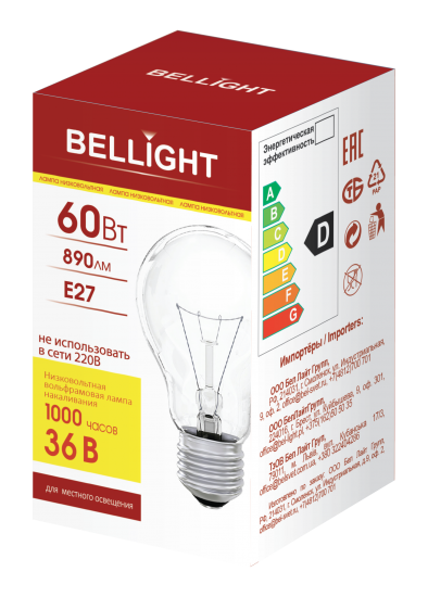 Лампа накаливания Bellight E27 36 В 60 Вт груша 890 лм цвет света желтый для диммера