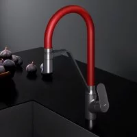 Смеситель для кухни AM.PM Like с каналом для питьевой воды и гибким изливом, черный, красный излив