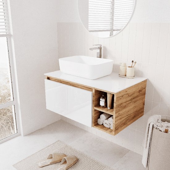 Тумба под раковину Ulitka Colombina 80 см подвесная белая/дуб золотой (74104279)