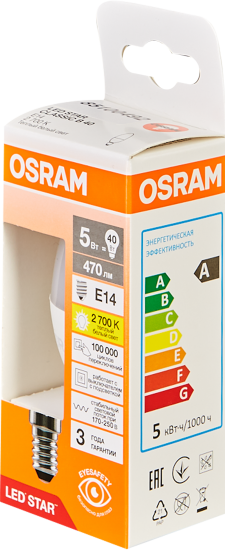 Лампа светодиодная Osram свеча 5Вт 470Лм E14 теплый белый свет