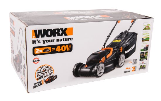 Газонокосилка аккумуляторная Worx WP770E 40 В 34 см 2x2.5 Ач АКБ и ЗУ входит в комплект