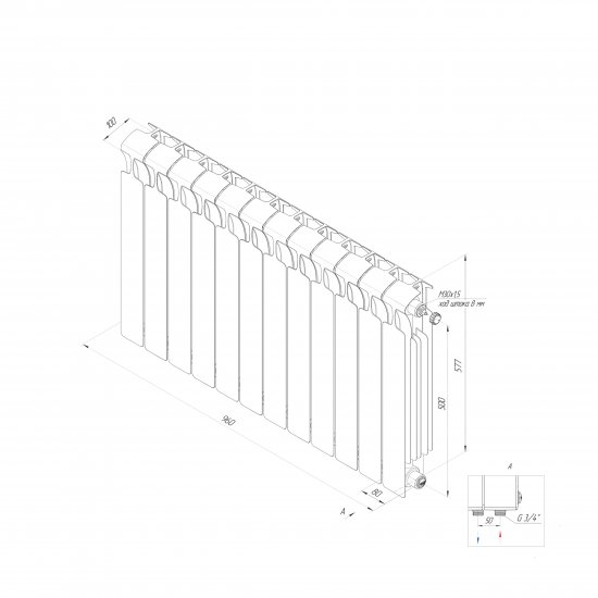 Радиатор секционный Rifar Monolit 500/100 биметалл 12 секций нижнее правое подключение цвет белый