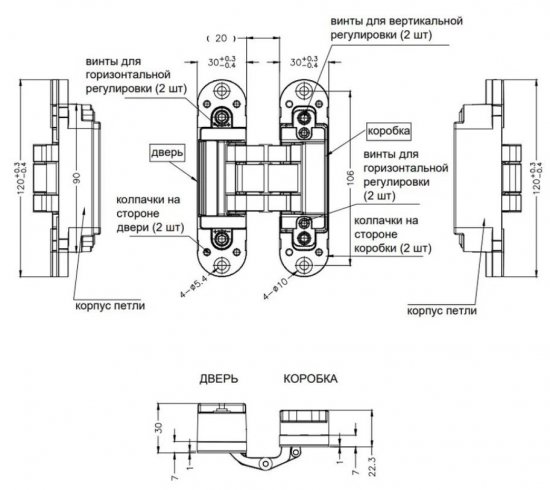 Петля дверная скрытая 120x30x30 мм ЦАМ цвет золото