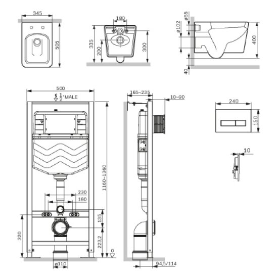 Комплект инсталляция с унитазом AM.PM Spike IS12LM0351.9S1900 Tornado, безободковый с микролифтом, клавиша цвет хром