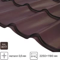 Металлочерепица 0.5 мм 2250x1180 мм RAL 8017 коричневый