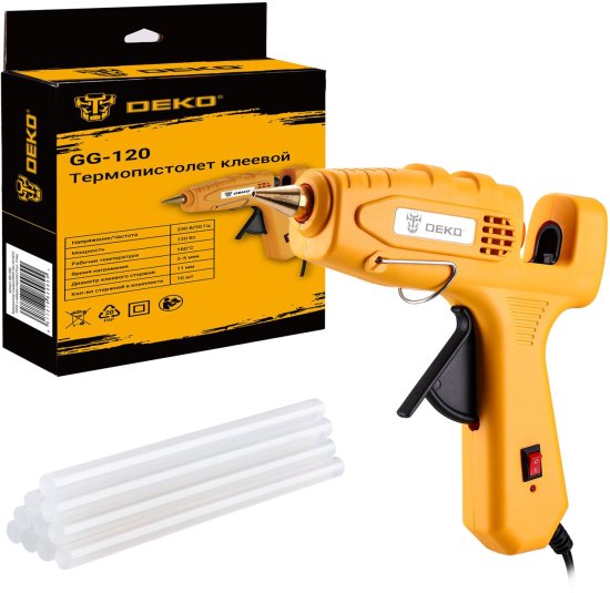 Пистолет клеевой Deko GG-120, 120 Вт, для стержней 11 мм, комплект 10 шт.