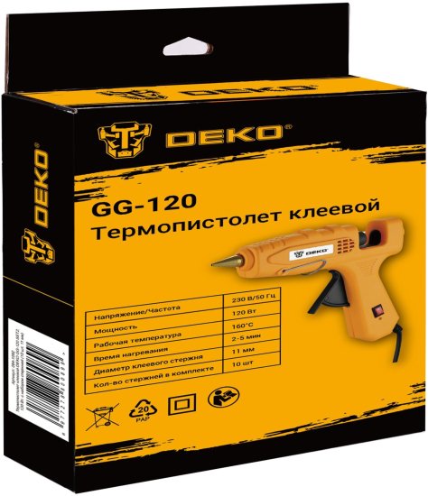 Пистолет клеевой Deko GG-120, 120 Вт, для стержней 11 мм, комплект 10 шт.