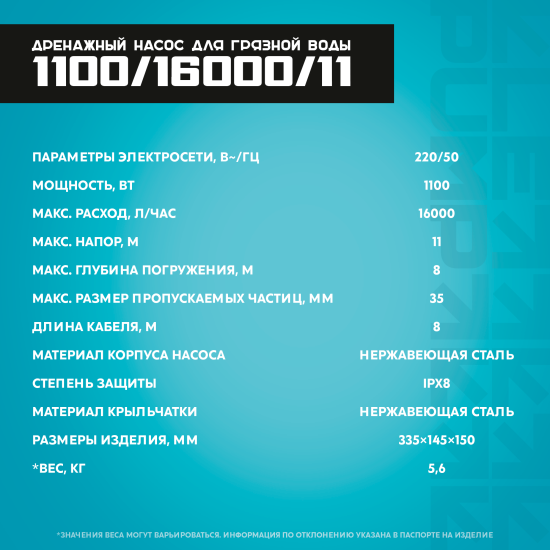 Насос погружной дренажный для грязной воды Lepump 1100/16000/11, 15960 л/ч