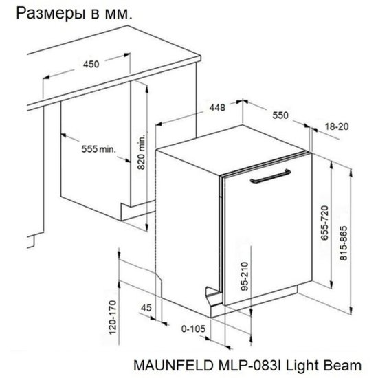 Посудомоечная машина встраиваемая Maunfeld MLP-083I Light Beam 45 см нержавеющая сталь (КА-00023488)