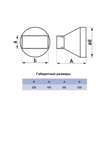 Переходник вентиляционный для плоских-круглых воздуховодов Fonet D120 55x110 мм пластик