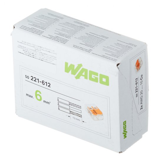 Клемма на 2 провода Wago 0,5-6 кв.мм с рычажками без пасты (50 шт.) (221-612)