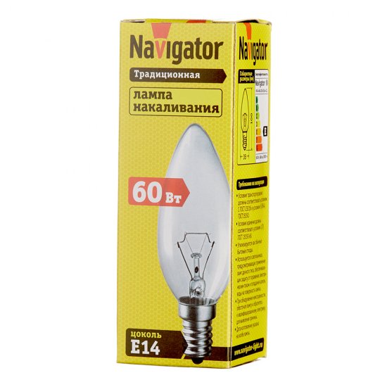 Лампа накаливания Navigator E14  60 Вт 660 Лм 230 В свеча прозрачная