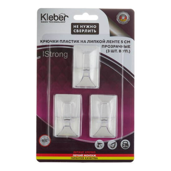 Крючок для ванной Kleber Strong одинарный самоклеящийся пластик прозрачный (3 шт.) (KLE-SG006/9684)