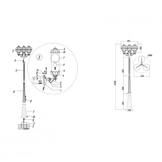 Светильник садово-парковый Outdoor Via золото антик 2150 мм Е27 180 Вт IP44 (O023FL-03G)