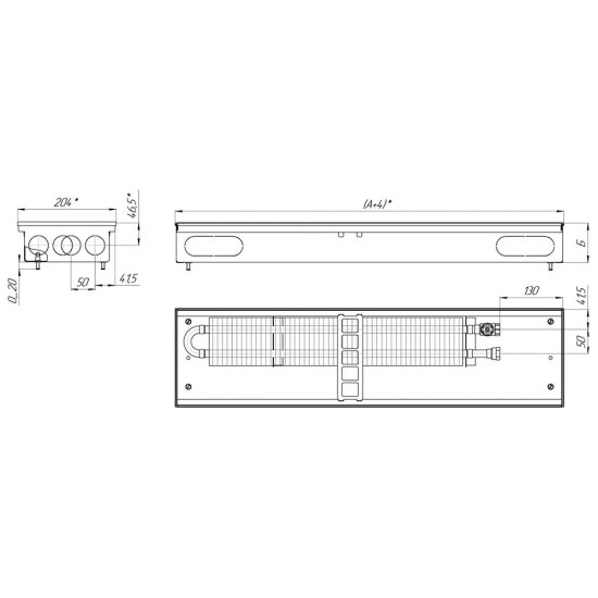 Конвектор внутрипольный КЗТО Бриз с 1 теплообменником 2000х200х100 мм боковое подключение