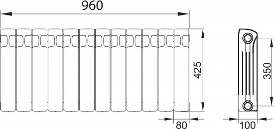 Радиатор секционный Rifar Monolit 350/100 биметалл 12 секций боковое подключение цвет белый