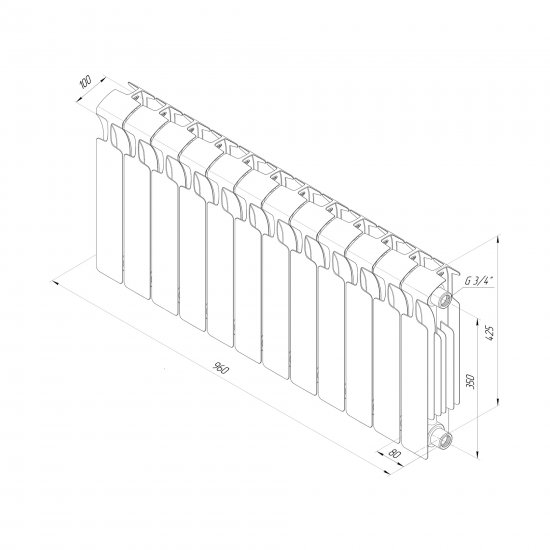 Радиатор секционный Rifar Monolit 350/100 биметалл 12 секций боковое подключение цвет белый