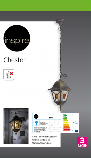 Светильник уличный подвесной Inspire Chester 1xE27x100 Вт декоративное стекло IP44