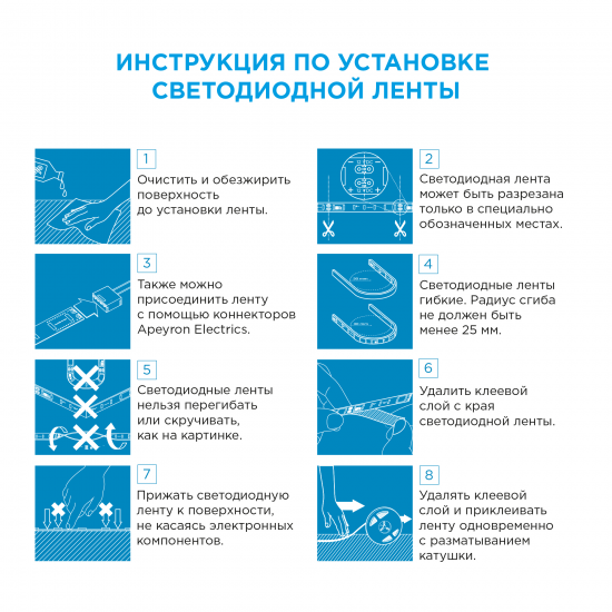 Светодиодная лента Apeyron SMD2835 12В 10 мм 2м 14.4 Вт/м 120диод/м 1400 лм/м 6500 К холодный белый свет
