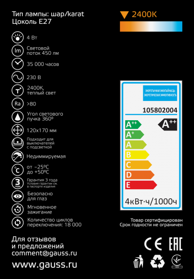 Лампа светодиодная Gauss Filament Carat E27 4 Вт 380 Лм свет тёплый белый
