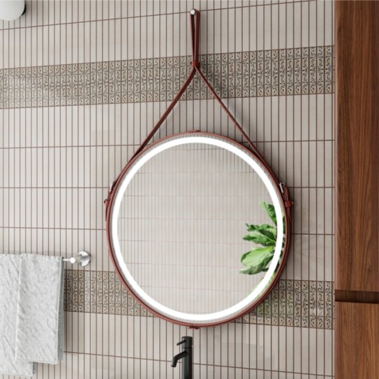 Зеркало с подсветкой круглое 65 см на ремне коричневом с сенсорным включением Continent Amarante (ЗЛП2412)