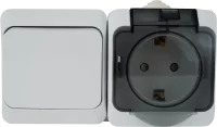 Блок выключатель с розеткой влагозащищённый Systeme Electric Этюд 1 клавиша с заземлением с крышкой IP44 цвет белый