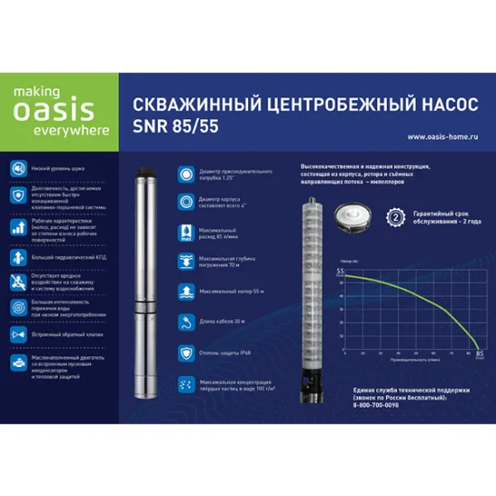Насос садовый скважинный Oasis SNI 85/55, высота подъема 55 м, кабель 30м, 5100 л/час
