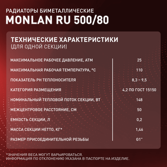 Радиатор секционный Monlan RU Bimetal 500/80 10 секций боковое подключение биметалл белый