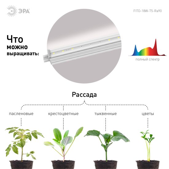 Фитосветильник линейный светодиодный Эра Fito 1173 мм 18 Вт T5/G5 полный спектр нейтральный белый свет