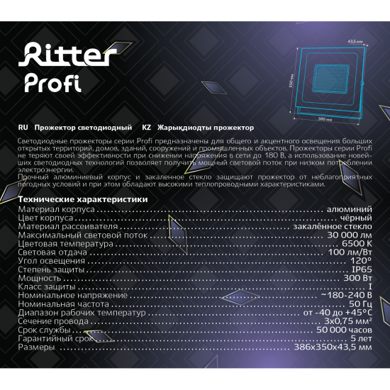 Прожектор светодиодный уличный Ritter Profi 53413 0 300 Вт 30000 Лм 180-240В холодный белый свет 6500К IP65 черный