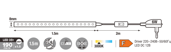 Комплект светодиодной ленты SMD2835 12В 8 мм 1.5м 2 Вт/м 24диод/м 190 лм/м 3000 К теплый белый свет